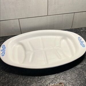 Vintage White Oval Meat Platter with Cornflower Blue  Design by Corningware
